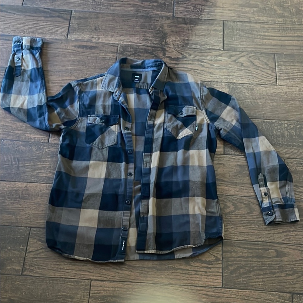 Men's Black and Khaki Plaid Shirt